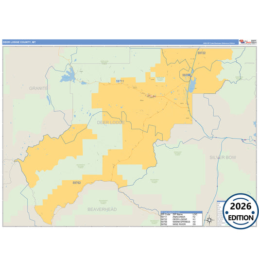 Deer Lodge County, MT Business Reference 5 Digit ZIP Code Wall Map