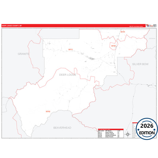 Deer Lodge County, MT Red Line 5 Digit ZIP Code Wall Map