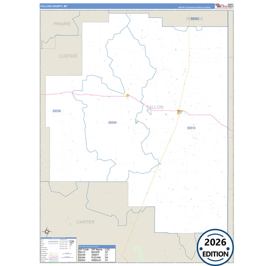 Fallon County, MT Business Reference 5 Digit ZIP Code Wall Map