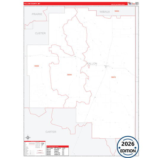 Fallon County, MT Red Line 5 Digit ZIP Code Wall Map