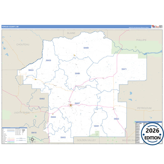 Fergus County, MT Business Reference 5 Digit ZIP Code Wall Map