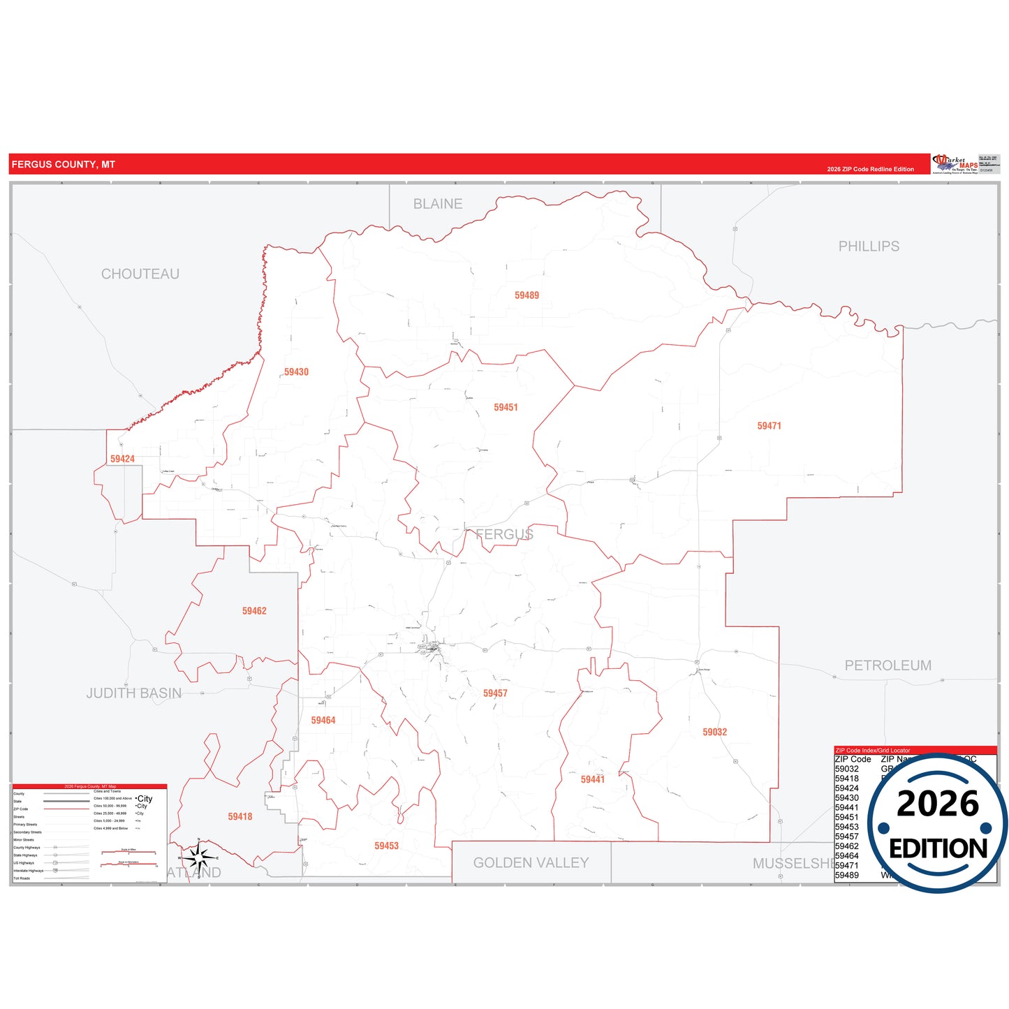 Fergus County, MT Red Line 5 Digit ZIP Code Wall Map
