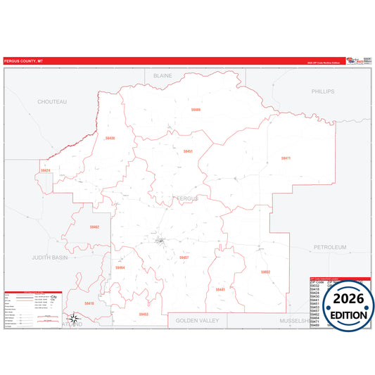 Fergus County, MT Red Line 5 Digit ZIP Code Wall Map