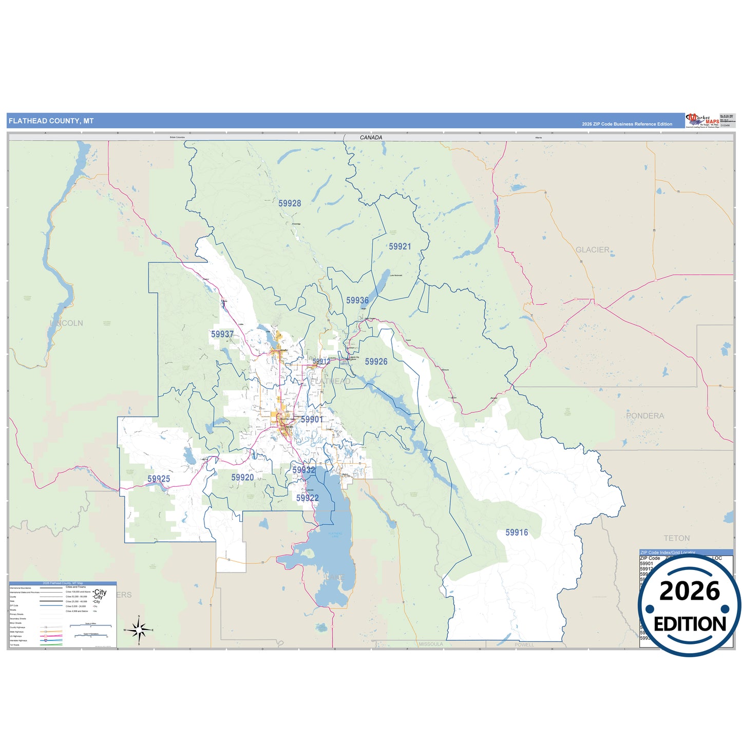 Flathead County, MT Business Reference 5 Digit ZIP Code Wall Map