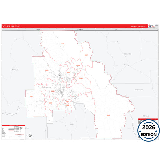 Flathead County, MT Red Line 5 Digit ZIP Code Wall Map