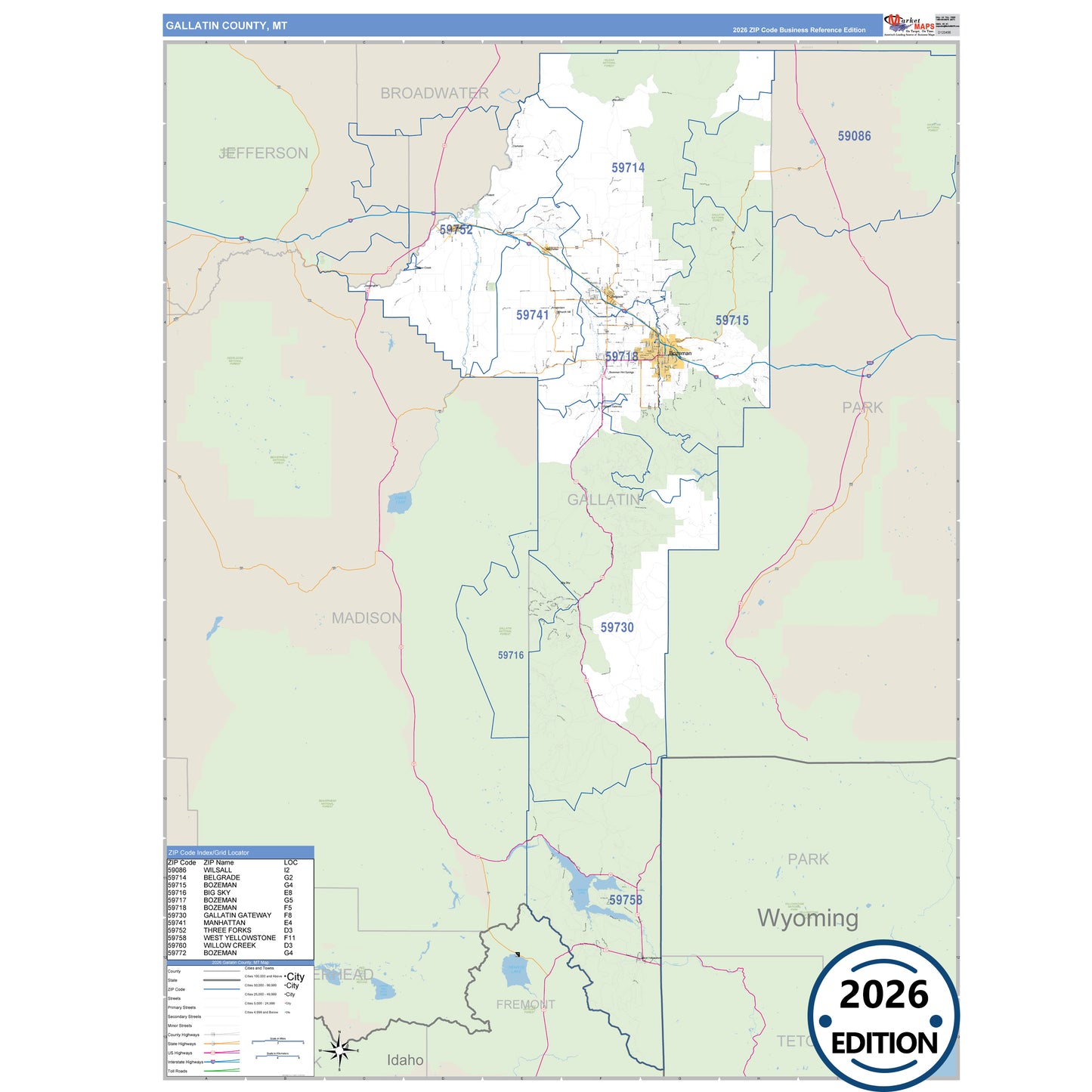 Gallatin County, MT Business Reference 5 Digit ZIP Code Wall Map