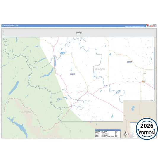 Glacier County, MT Business Reference 5 Digit ZIP Code Wall Map