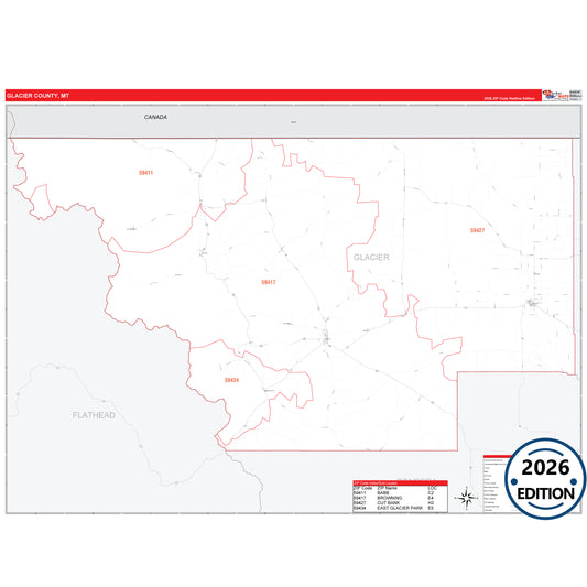 Glacier County, MT Red Line 5 Digit ZIP Code Wall Map