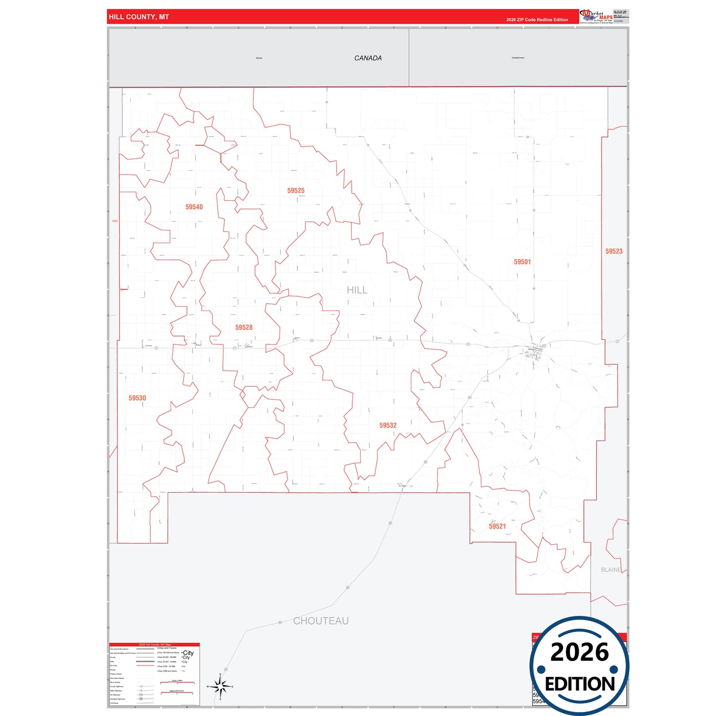 Hill County, MT Red Line 5 Digit ZIP Code Wall Map
