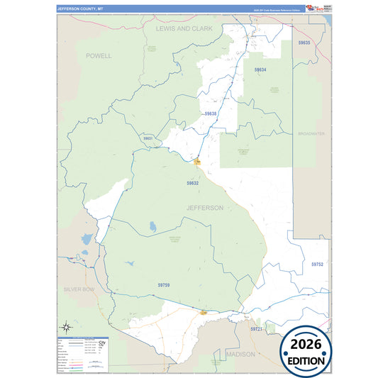 Jefferson County, MT Business Reference 5 Digit ZIP Code Wall Map