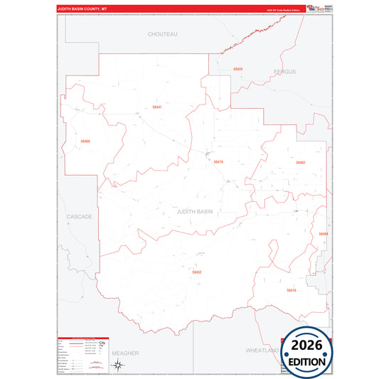 Judith Basin County, MT Red Line 5 Digit ZIP Code Wall Map
