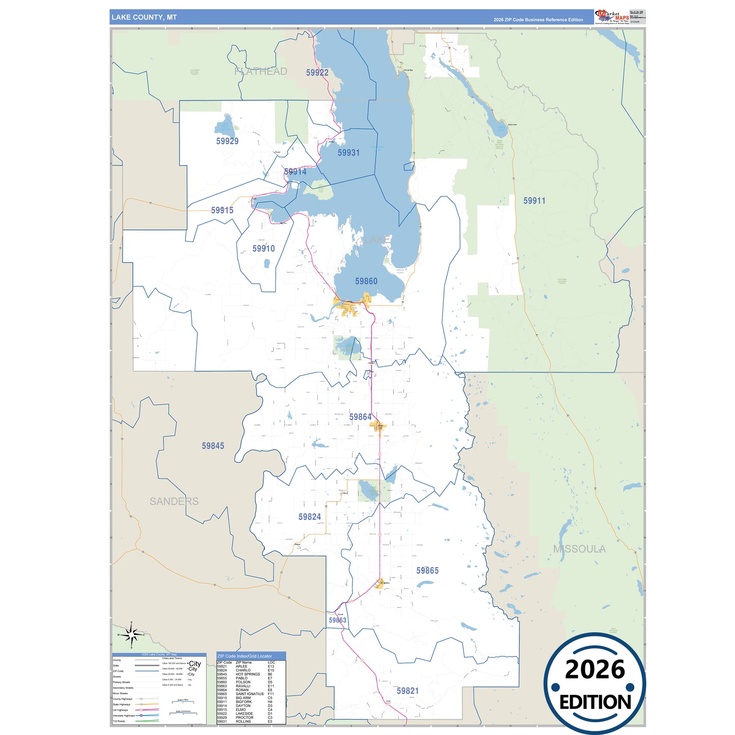 Lake County, MT Business Reference 5 Digit ZIP Code Wall Map