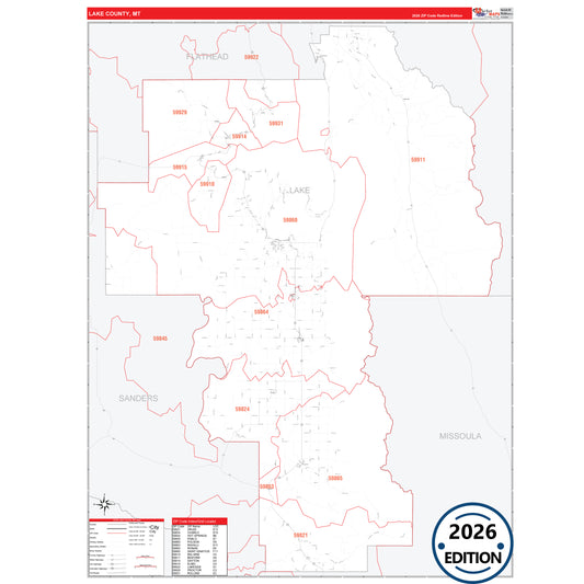Lake County, MT Red Line 5 Digit ZIP Code Wall Map