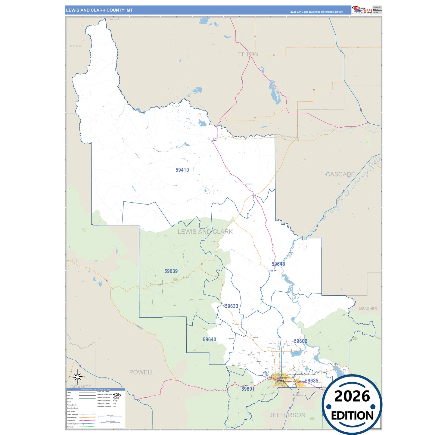 Lewis And Clark County, MT Business Reference 5 Digit ZIP Code Wall Map