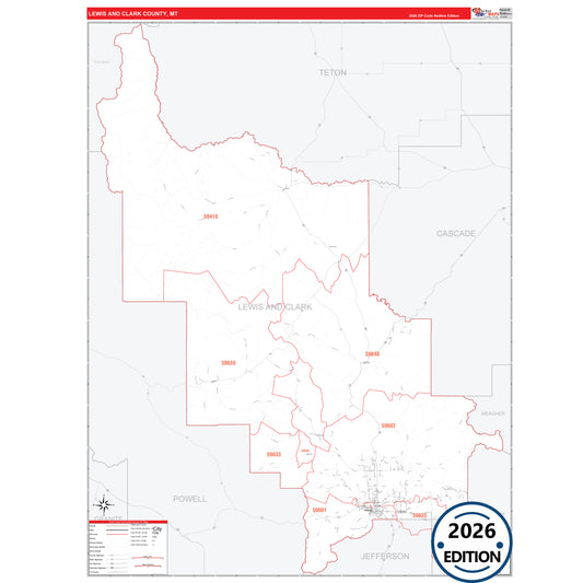 Lewis And Clark County, MT Red Line 5 Digit ZIP Code Wall Map