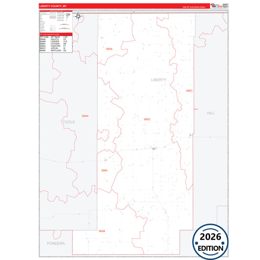 Liberty County, MT Red Line 5 Digit ZIP Code Wall Map