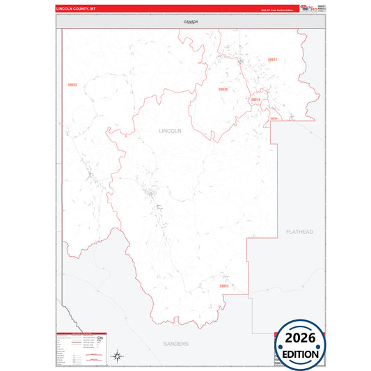 Lincoln County, MT Red Line 5 Digit ZIP Code Wall Map