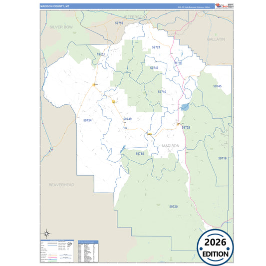Madison County, MT Business Reference 5 Digit ZIP Code Wall Map