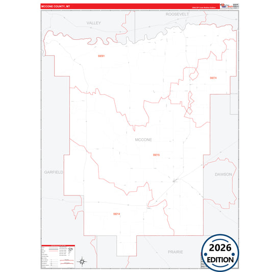 McCone County, MT Red Line 5 Digit ZIP Code Wall Map