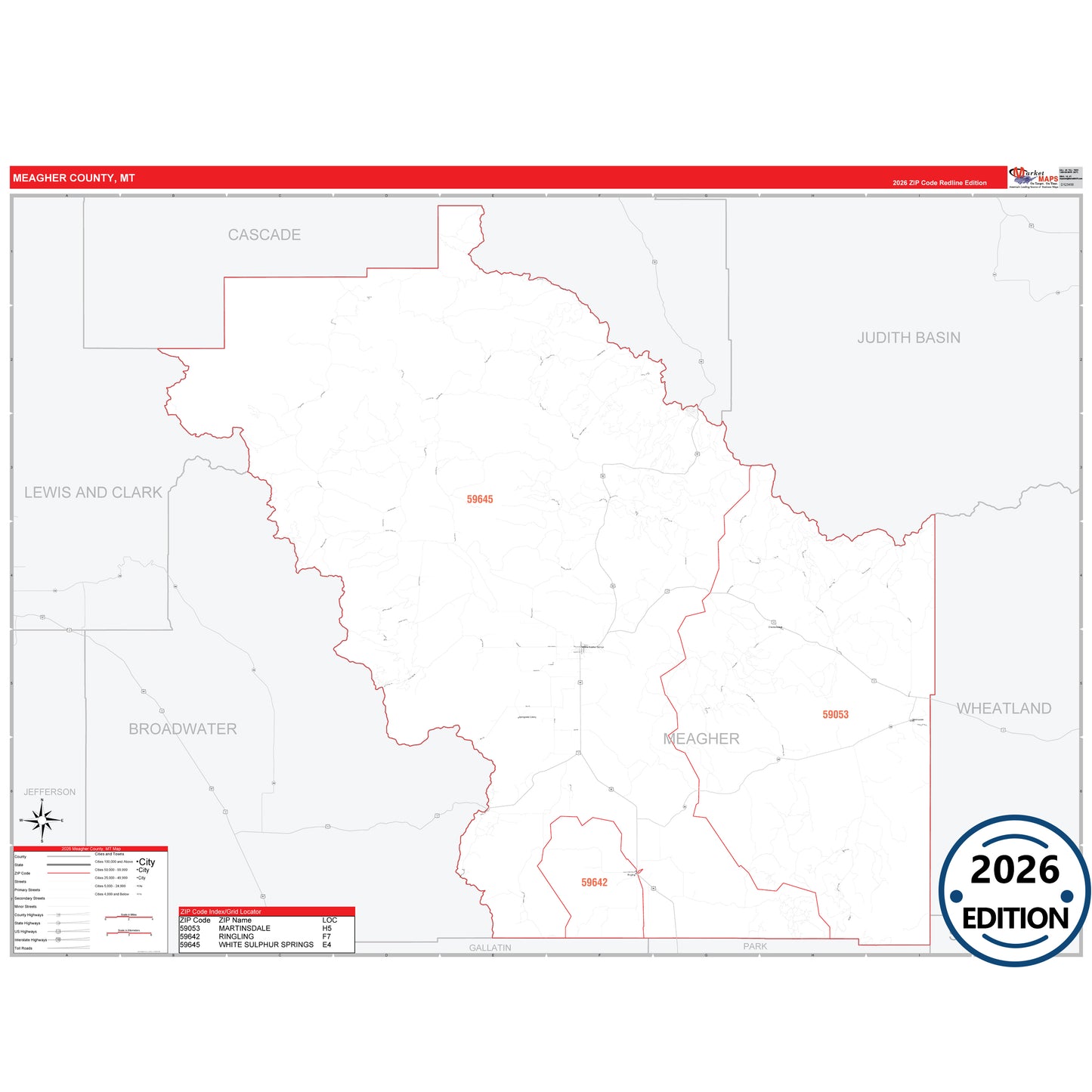 Meagher County, MT Red Line 5 Digit ZIP Code Wall Map