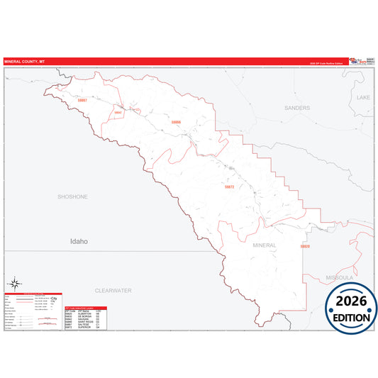 Mineral County, MT Red Line 5 Digit ZIP Code Wall Map