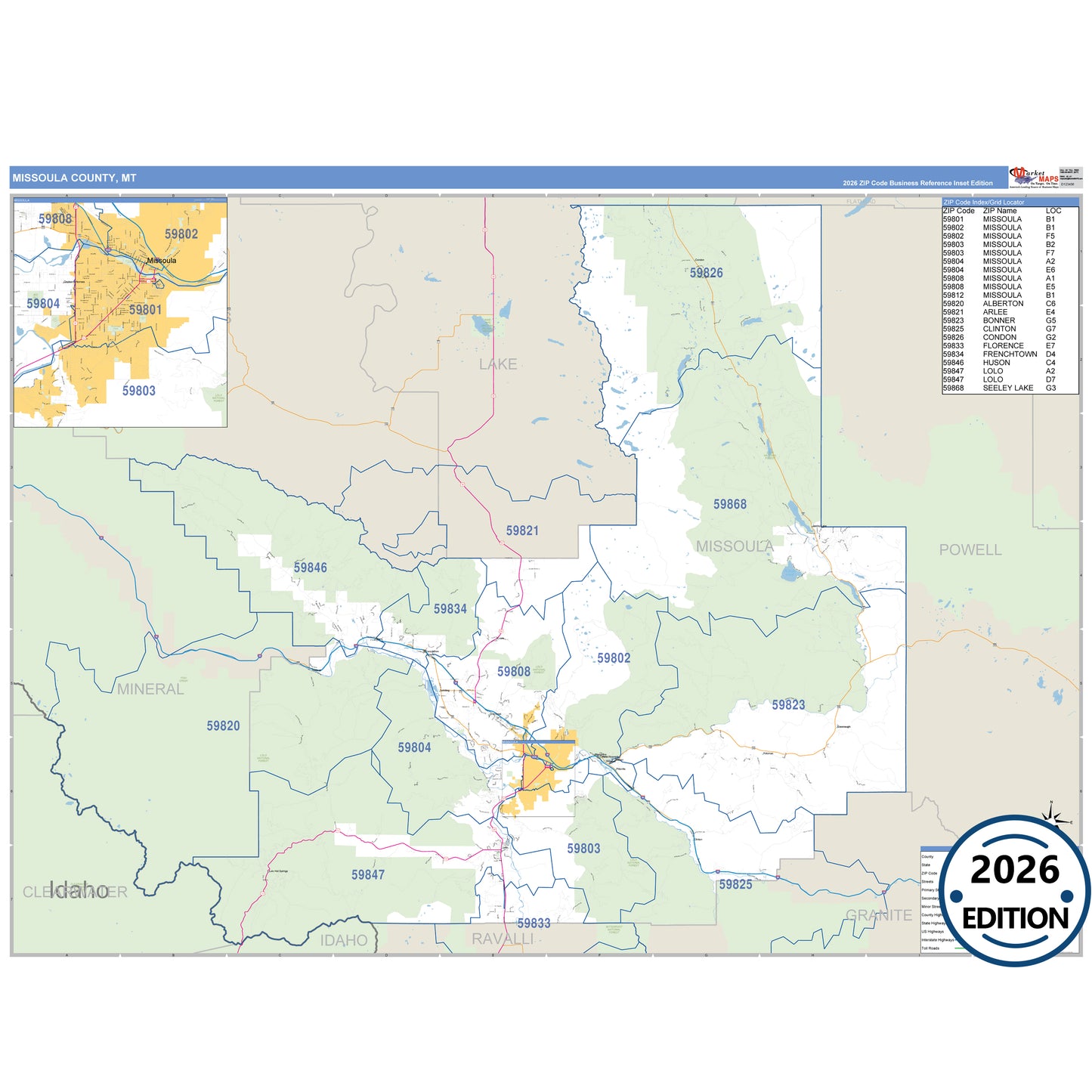 Missoula County, MT Business Reference 5 Digit ZIP Code Wall Map