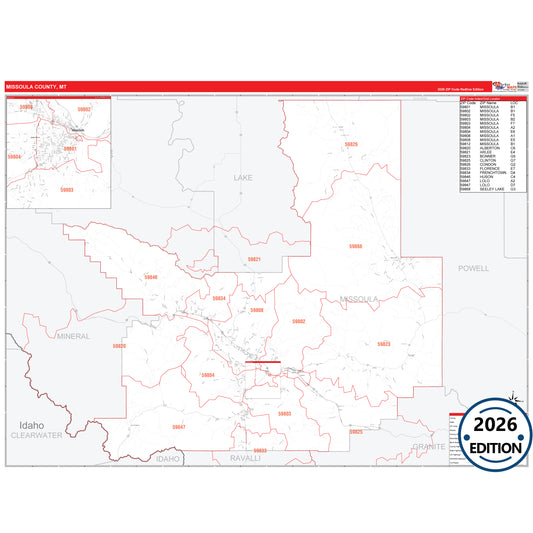 Missoula County, MT Red Line 5 Digit ZIP Code Wall Map