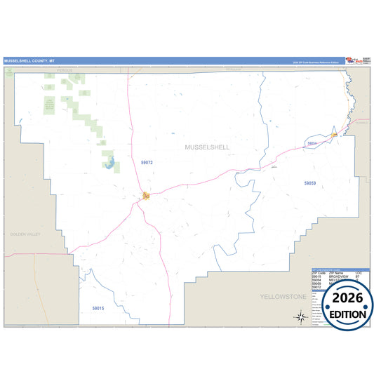 Musselshell County, MT Business Reference 5 Digit ZIP Code Wall Map