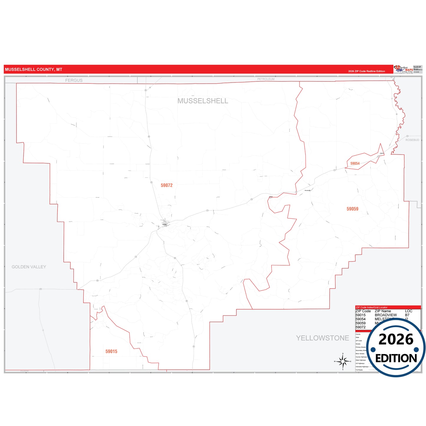 Musselshell County, MT Red Line 5 Digit ZIP Code Wall Map