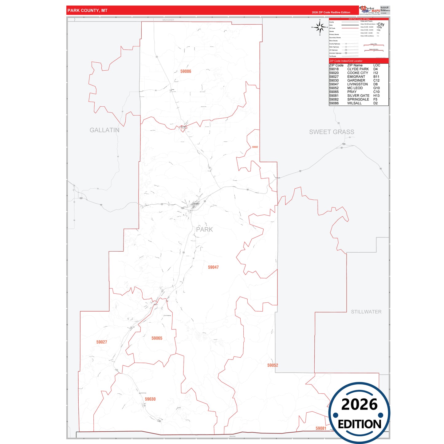 Park County, MT Red Line 5 Digit ZIP Code Wall Map