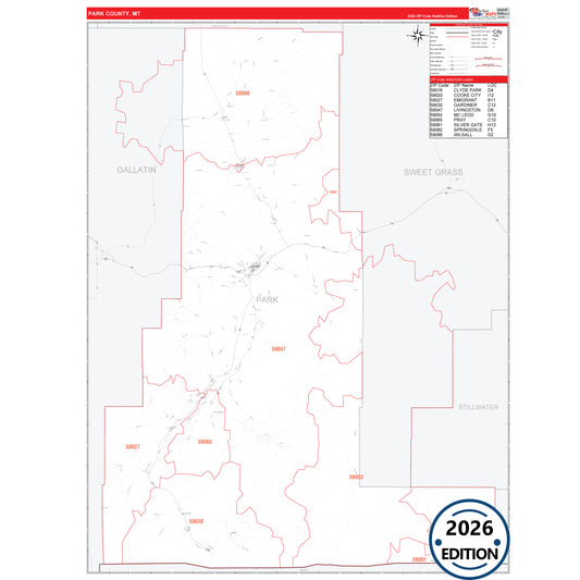 Park County, MT Red Line 5 Digit ZIP Code Wall Map