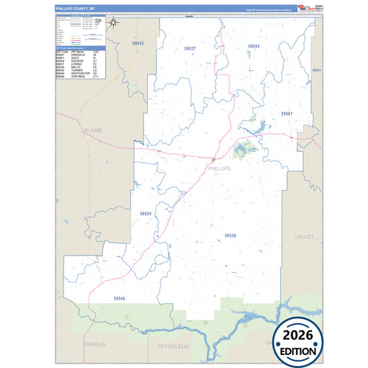Phillips County, MT Business Reference 5 Digit ZIP Code Wall Map