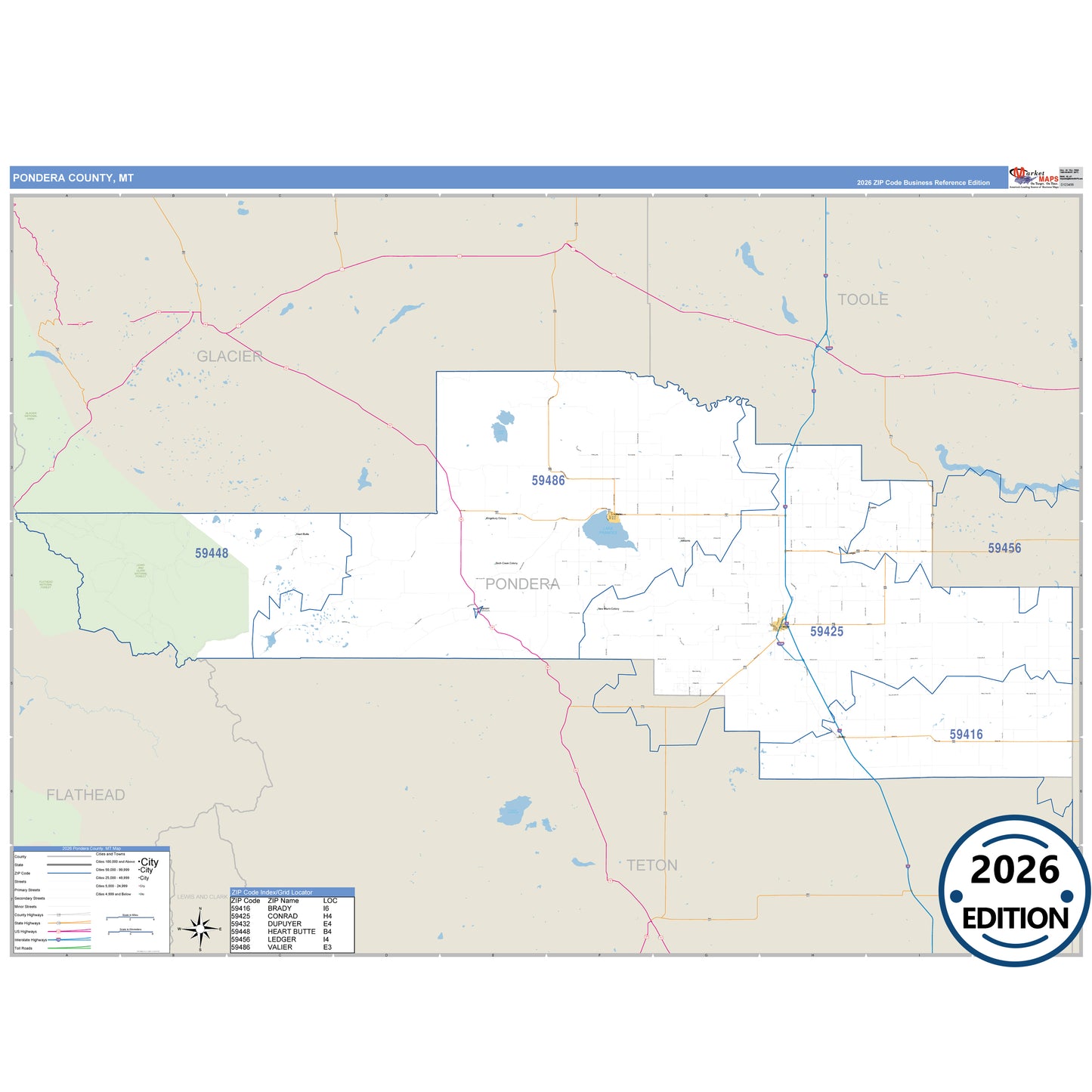 Pondera County, MT Business Reference 5 Digit ZIP Code Wall Map