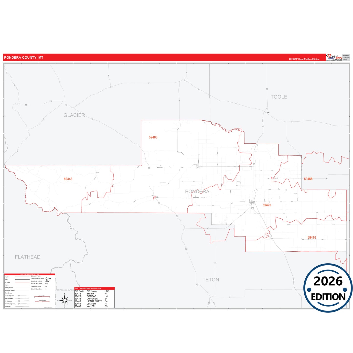 Pondera County, MT Red Line 5 Digit ZIP Code Wall Map