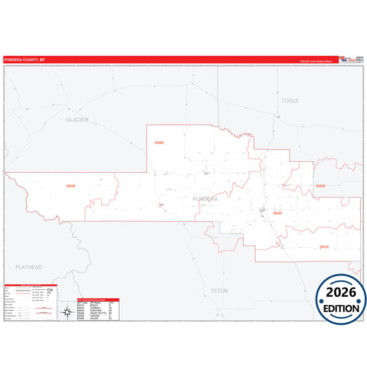 Pondera County, MT Red Line 5 Digit ZIP Code Wall Map