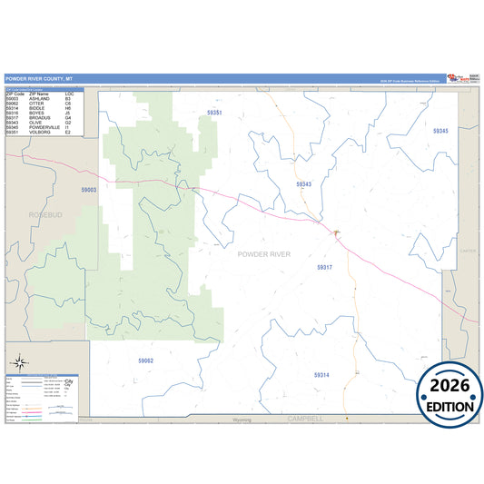 Powder River County, MT Business Reference 5 Digit ZIP Code Wall Map