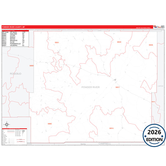 Powder River County, MT Red Line 5 Digit ZIP Code Wall Map