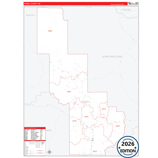 Powell County, MT Red Line 5 Digit ZIP Code Wall Map