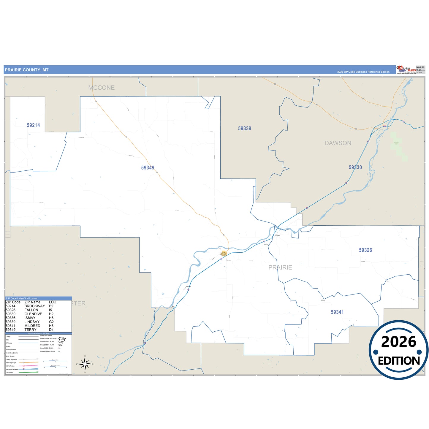 Prairie County, MT Business Reference 5 Digit ZIP Code Wall Map