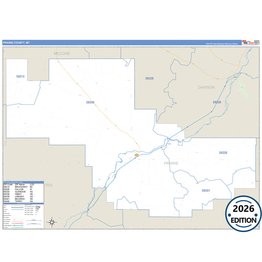 Prairie County, MT Business Reference 5 Digit ZIP Code Wall Map