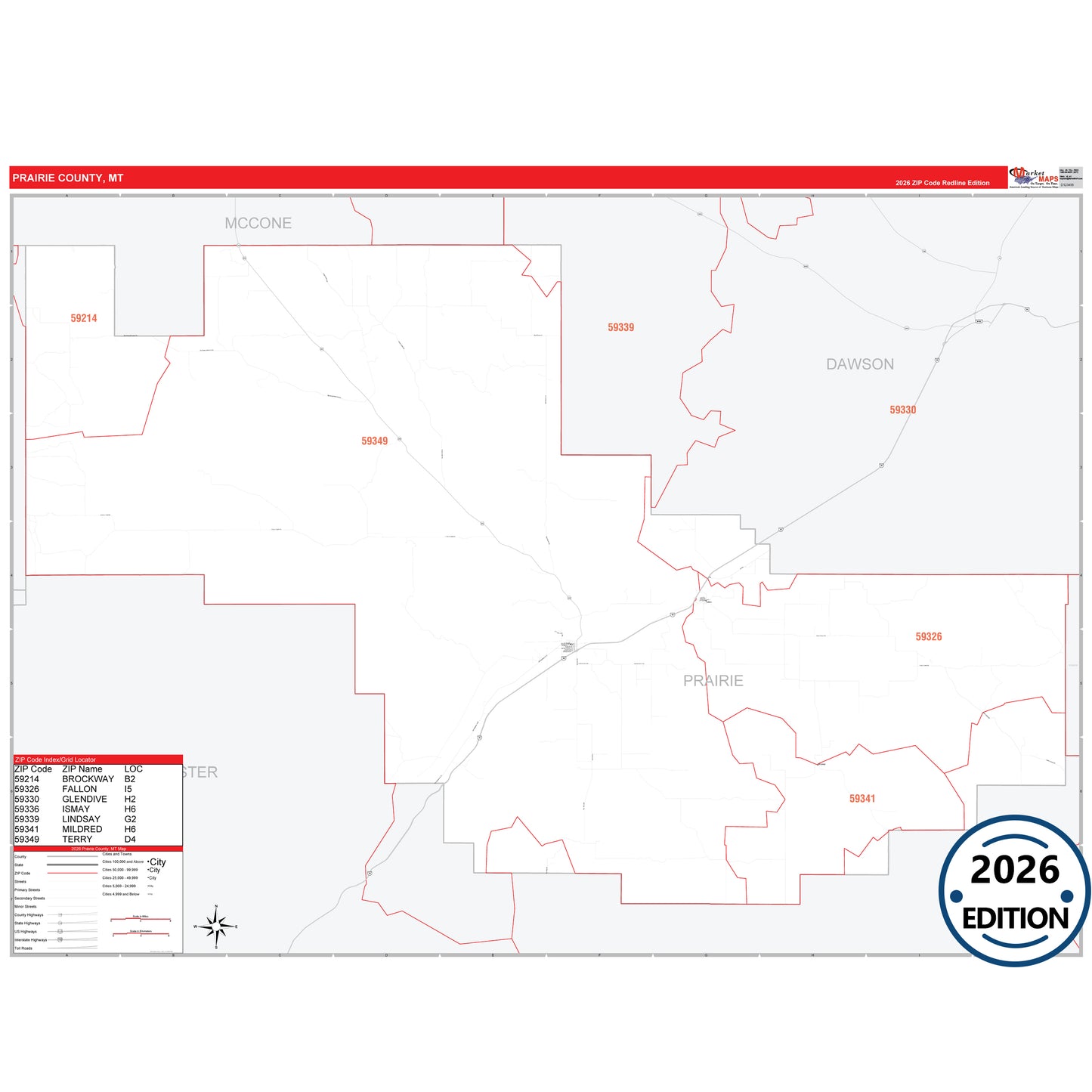 Prairie County, MT Red Line 5 Digit ZIP Code Wall Map