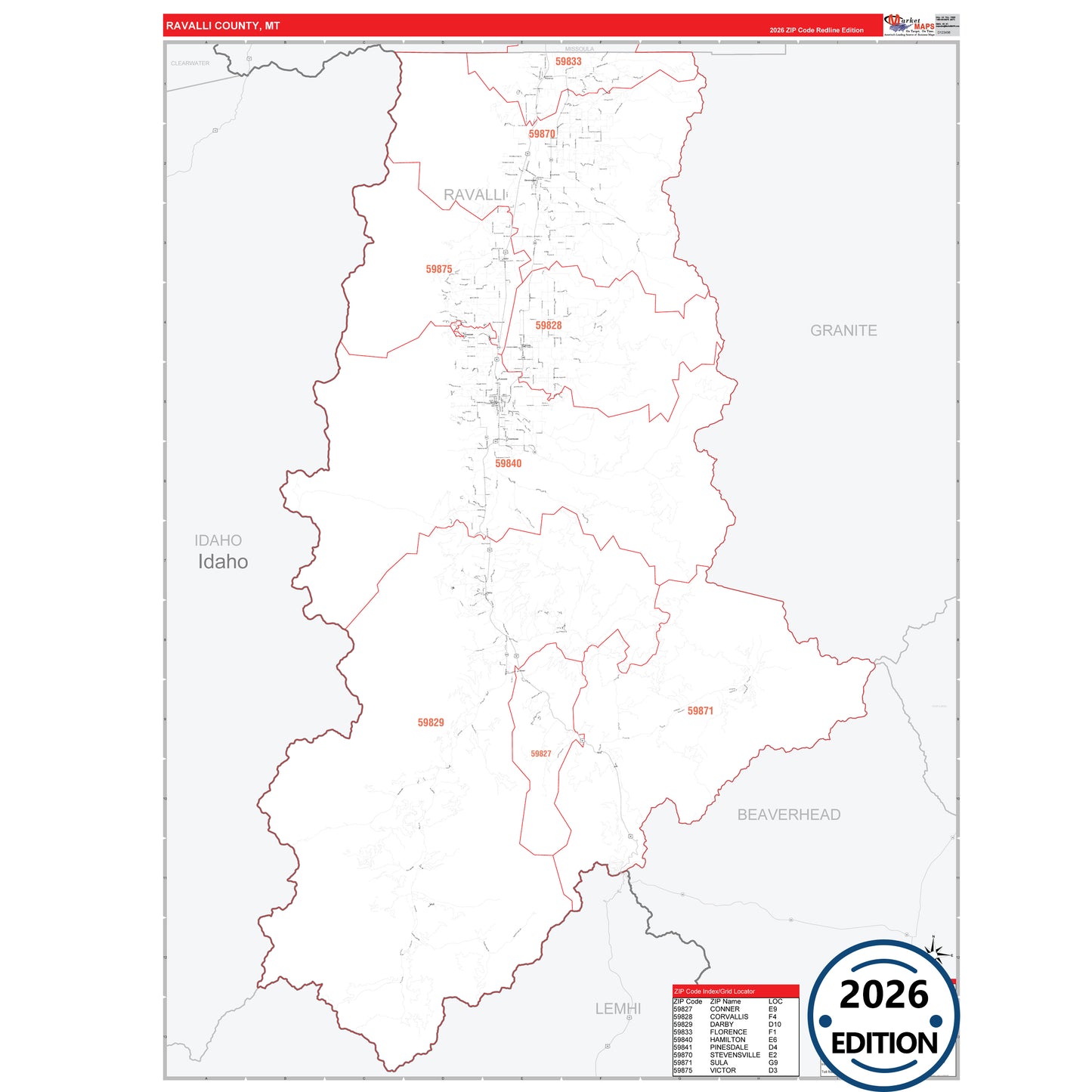 Ravalli County, MT Red Line 5 Digit ZIP Code Wall Map