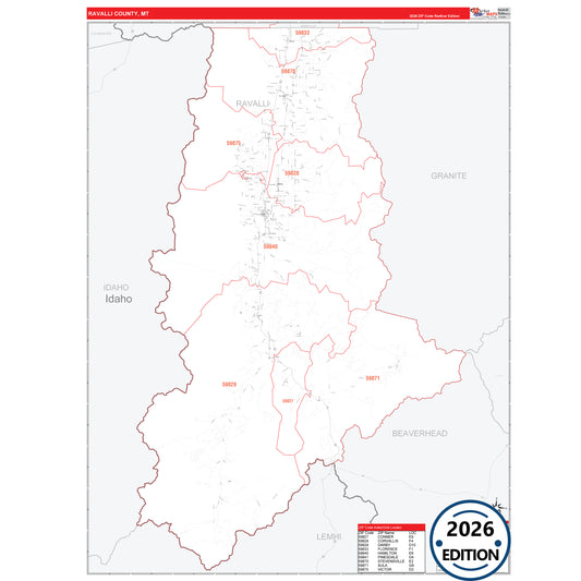 Ravalli County, MT Red Line 5 Digit ZIP Code Wall Map