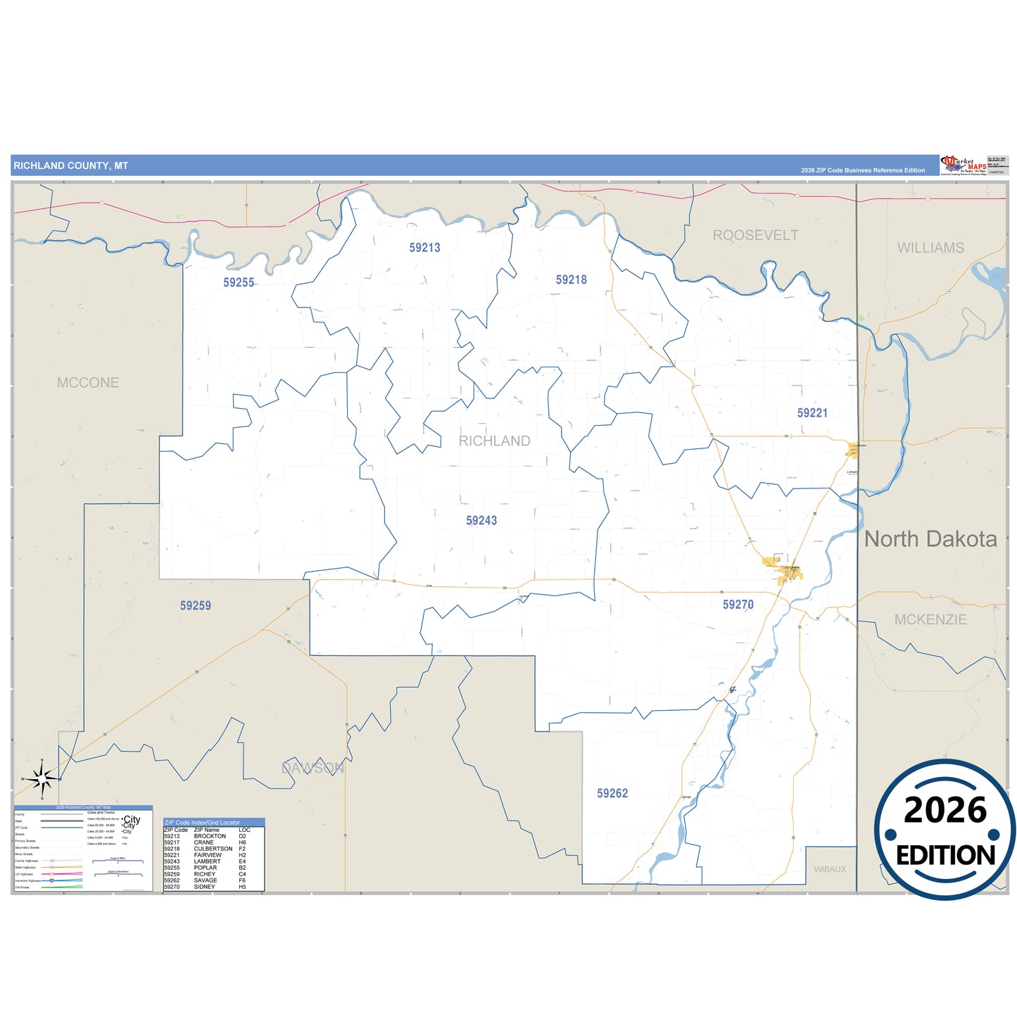 Richland County, MT Business Reference 5 Digit ZIP Code Wall Map