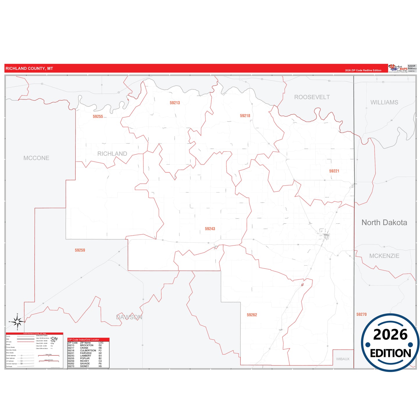 Richland County, MT Red Line 5 Digit ZIP Code Wall Map