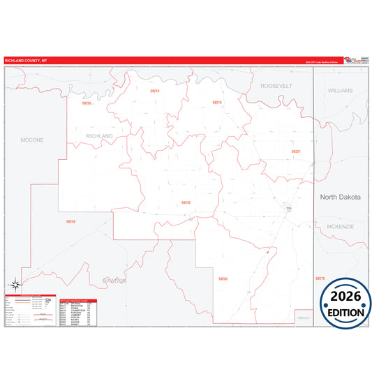 Richland County, MT Red Line 5 Digit ZIP Code Wall Map