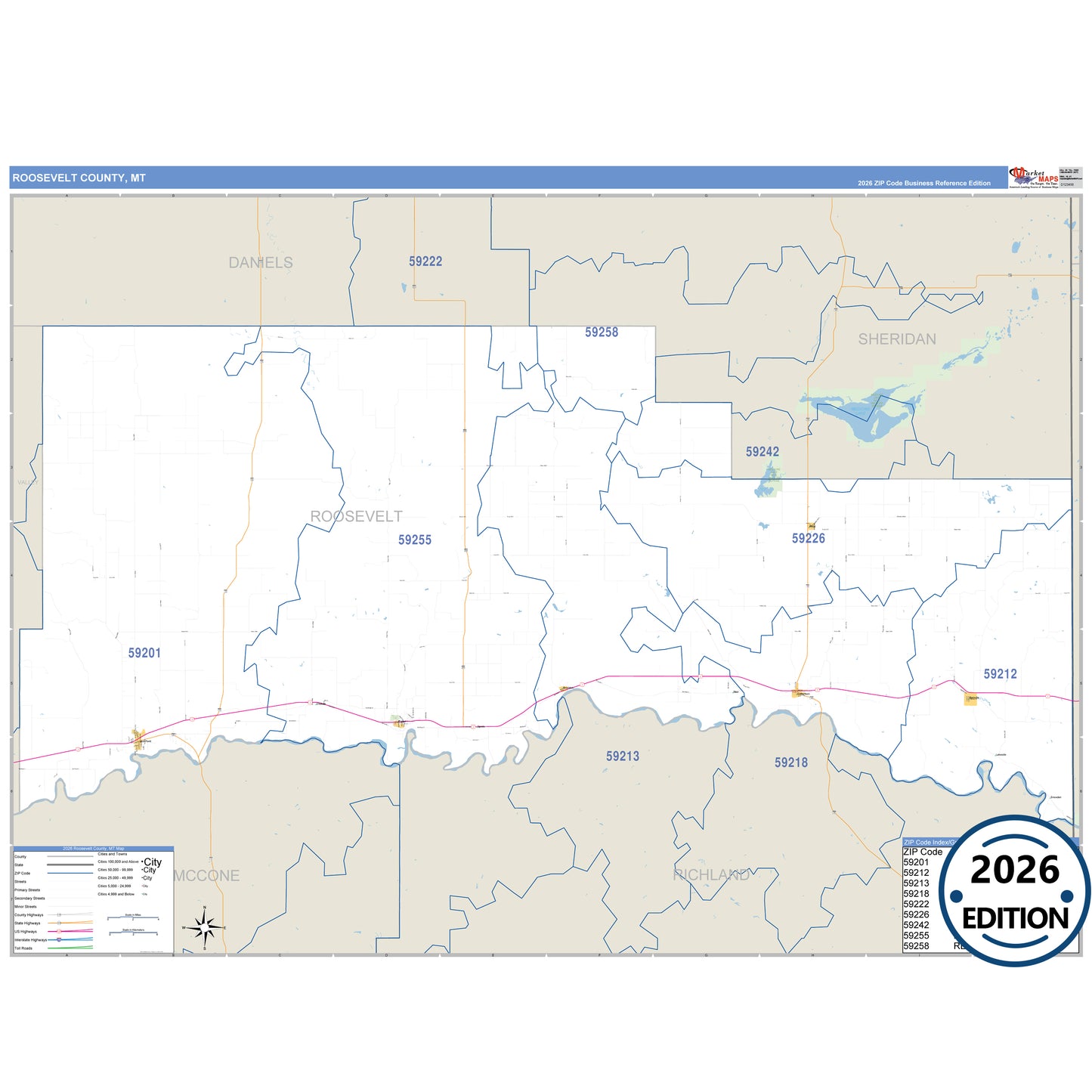 Roosevelt County, MT Business Reference 5 Digit ZIP Code Wall Map