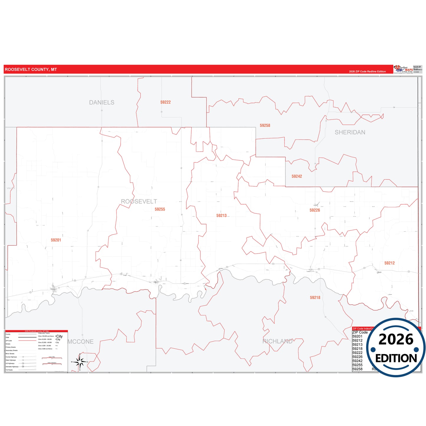 Roosevelt County, MT Red Line 5 Digit ZIP Code Wall Map