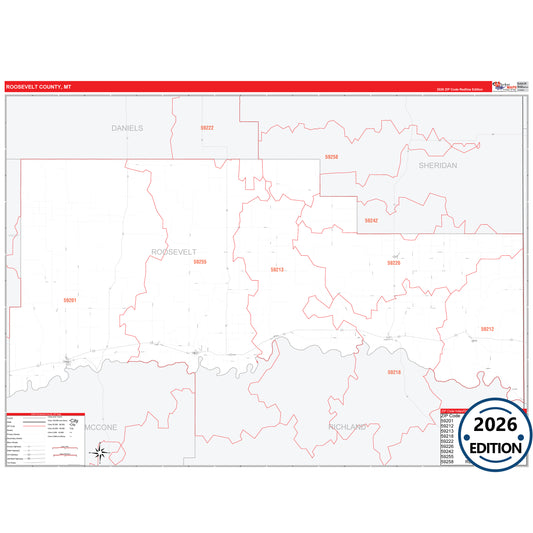 Roosevelt County, MT Red Line 5 Digit ZIP Code Wall Map