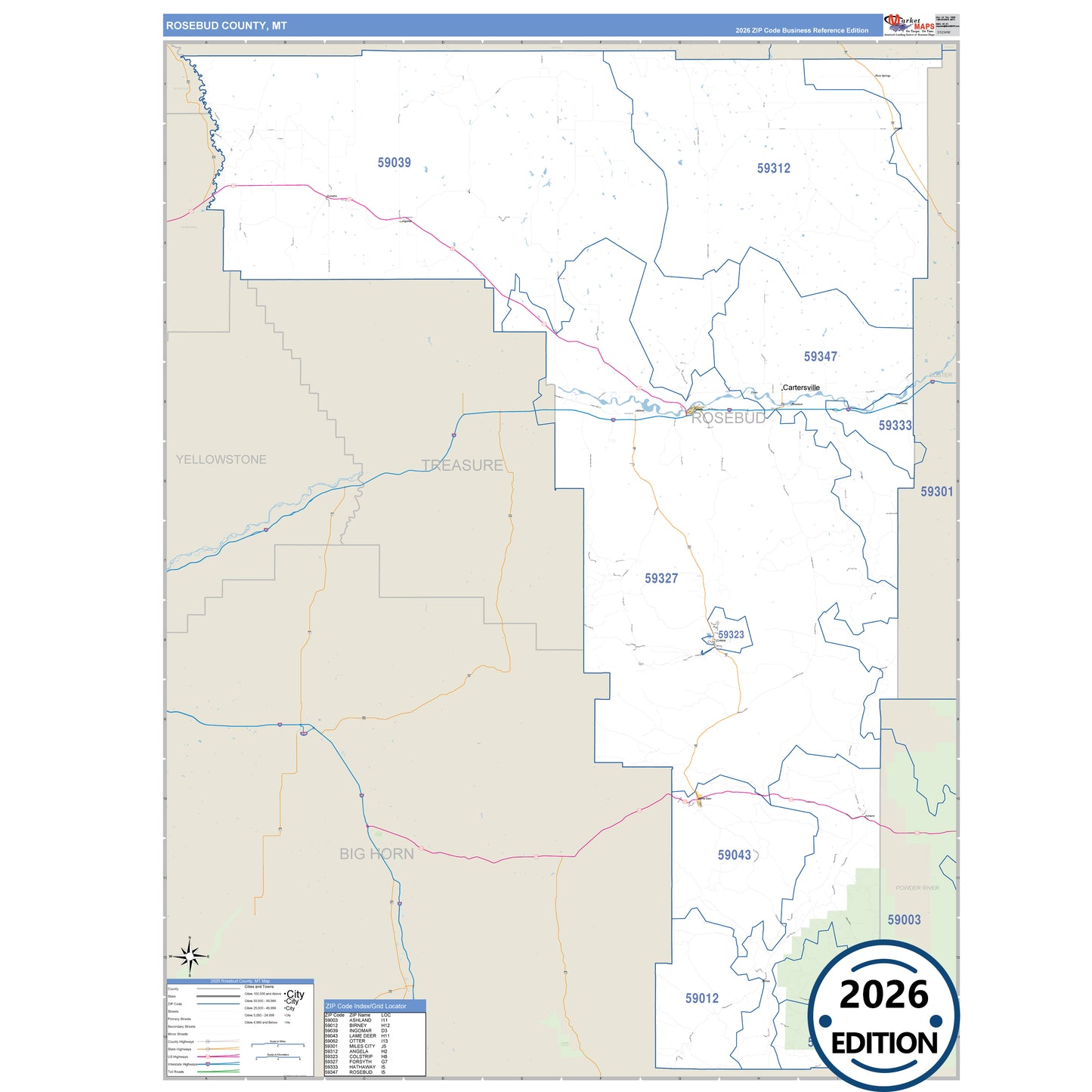 Rosebud County, MT Business Reference 5 Digit ZIP Code Wall Map